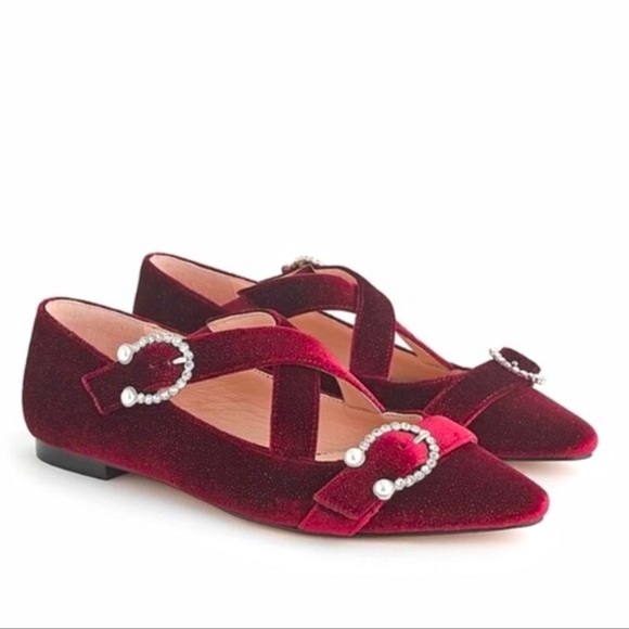 J. Crew Red Sparkle Velvet Rhinestone Buckle Pointed Toe Flats
